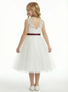 Classic Floral Lace Flower Girl Dress with Soft Tulle Skirt and Burgundy Waist Bow