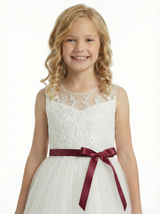 Classic Floral Lace Flower Girl Dress with Soft Tulle Skirt and Burgundy Waist Bow