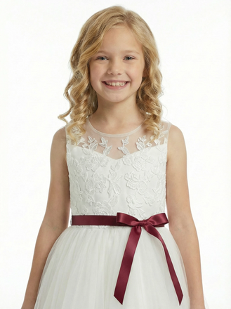 Classic Floral Lace Flower Girl Dress with Soft Tulle Skirt and Burgundy Waist Bow