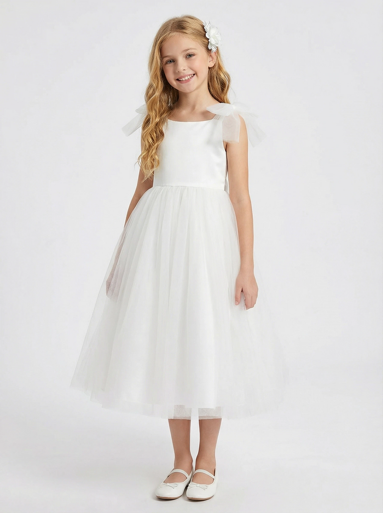 Elegant Tulle Flower Girl Dress with Soft Bow Shoulders