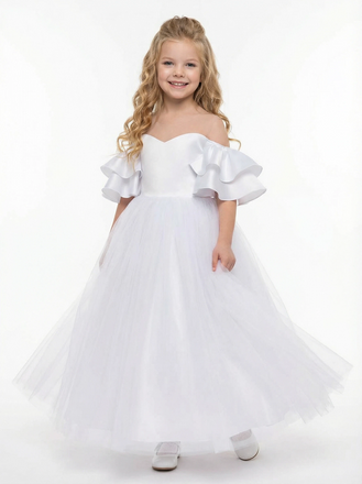 Elegant Off-Shoulder White Tulle Flower Girl Dress with Ruffled Sleeves and Full-Length Princess Skirt