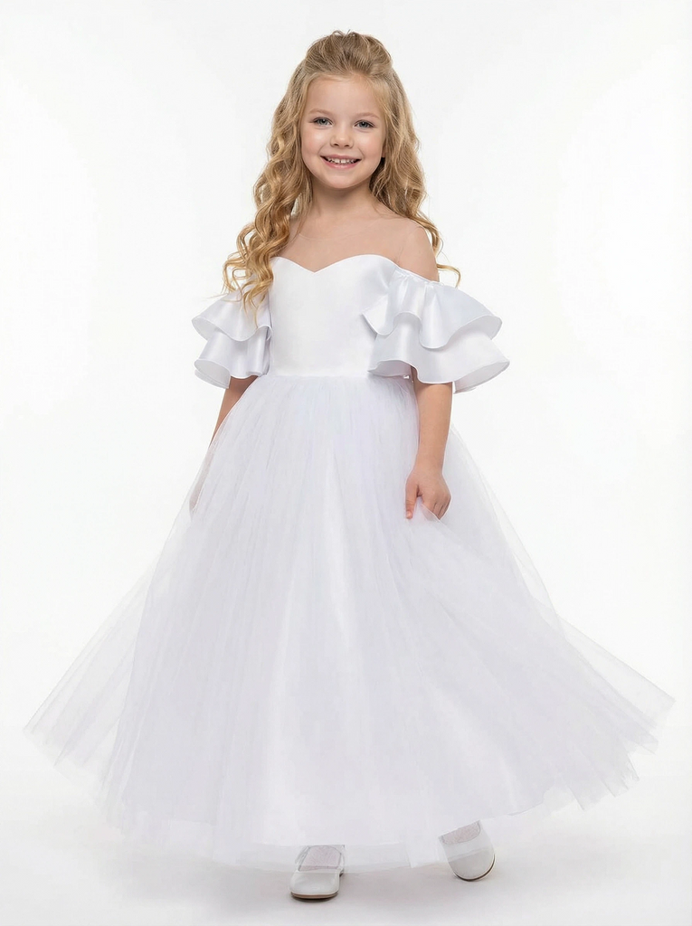Elegant Off-Shoulder White Tulle Flower Girl Dress with Ruffled Sleeves and Full-Length Princess Skirt, Off-White Elegant Off-Shoulder White Tulle Flower Girl Dress with Ruffled Sleeves and Full-Length Princess Skirt, Off-White