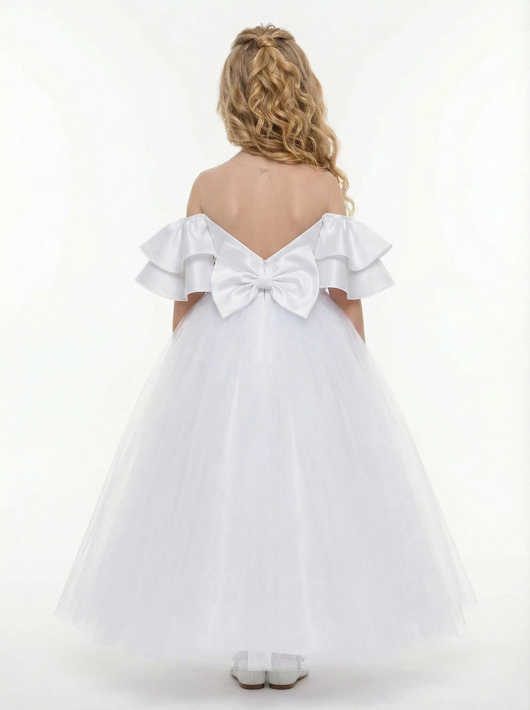 Elegant Off-Shoulder White Tulle Flower Girl Dress with Ruffled Sleeves and Full-Length Princess Skirt