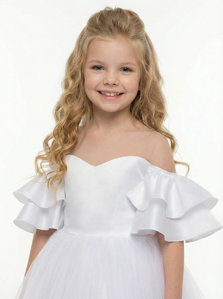 Elegant Off-Shoulder White Tulle Flower Girl Dress with Ruffled Sleeves and Full-Length Princess Skirt