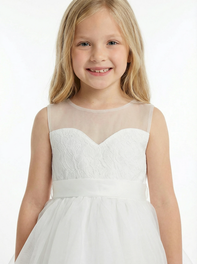 Ethereal Tulle Flower Girl Dress with Sheer Illusion Neckline