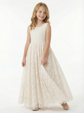 Elegant  Lace Flower Girl Dress with Sleeveless Bodice and Flowing A-Line Skirt