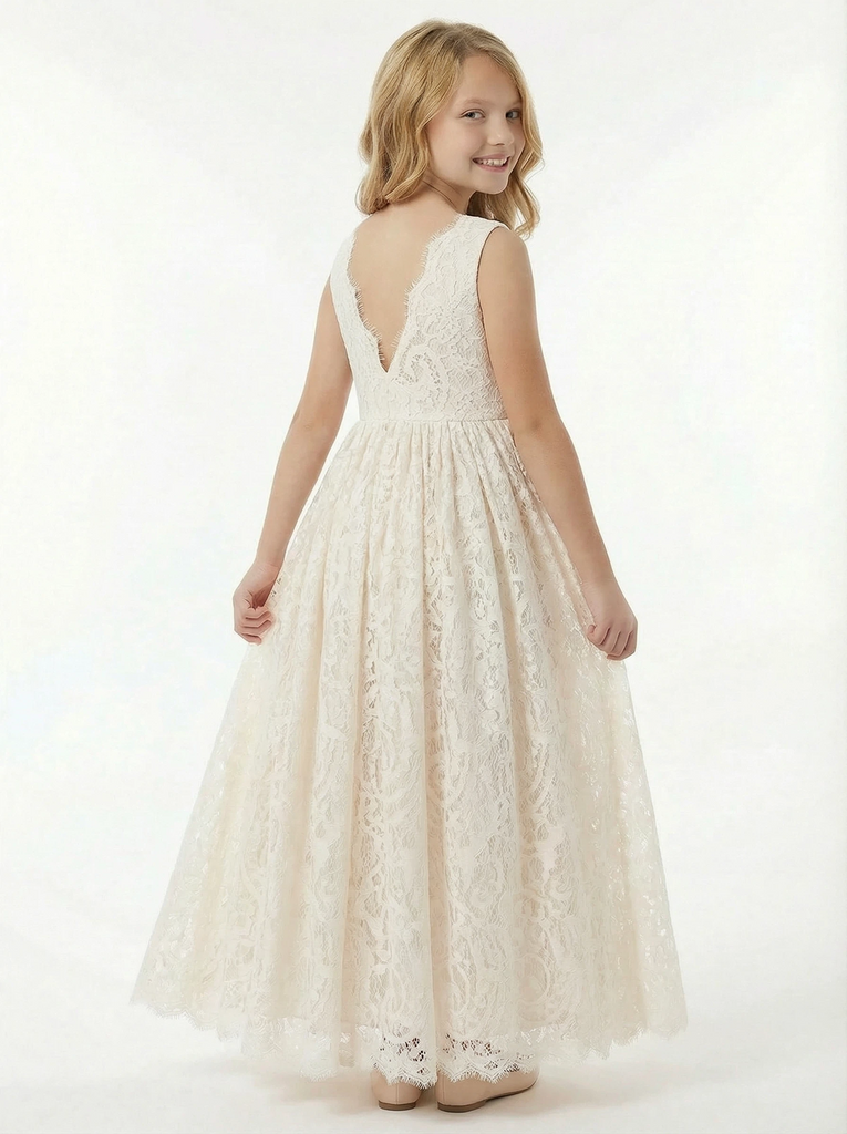 Elegant  Lace Flower Girl Dress with Sleeveless Bodice and Flowing A-Line Skirt