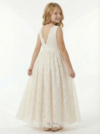 Elegant  Lace Flower Girl Dress with Sleeveless Bodice and Flowing A-Line Skirt