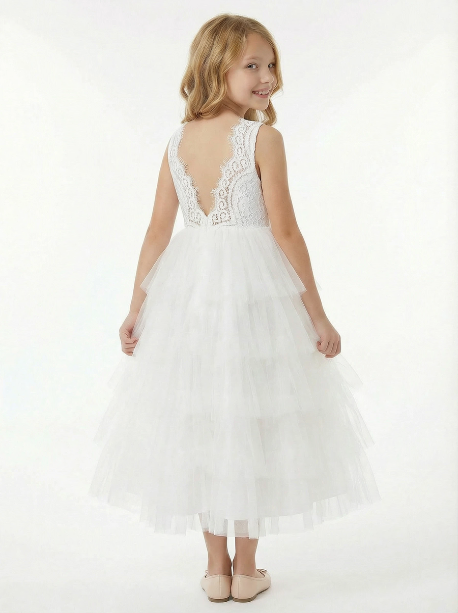 Lace Layered Tulle Princess Dress Flower Girl Dress Birthday Party Dresses