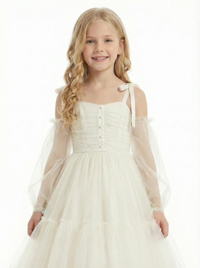 Off-Shoulder Long-Sleeve Princess Gown with Tulle Flower Girl Dress Birthday Party Dresses, Off-White Off-Shoulder Long-Sleeve Princess Gown with Tulle Flower Girl Dress Birthday Party Dresses, Off-White