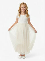 Short Sleeves Lace Applique Bow Princess Dress Flower Girl Dress Birthday Party Dresses