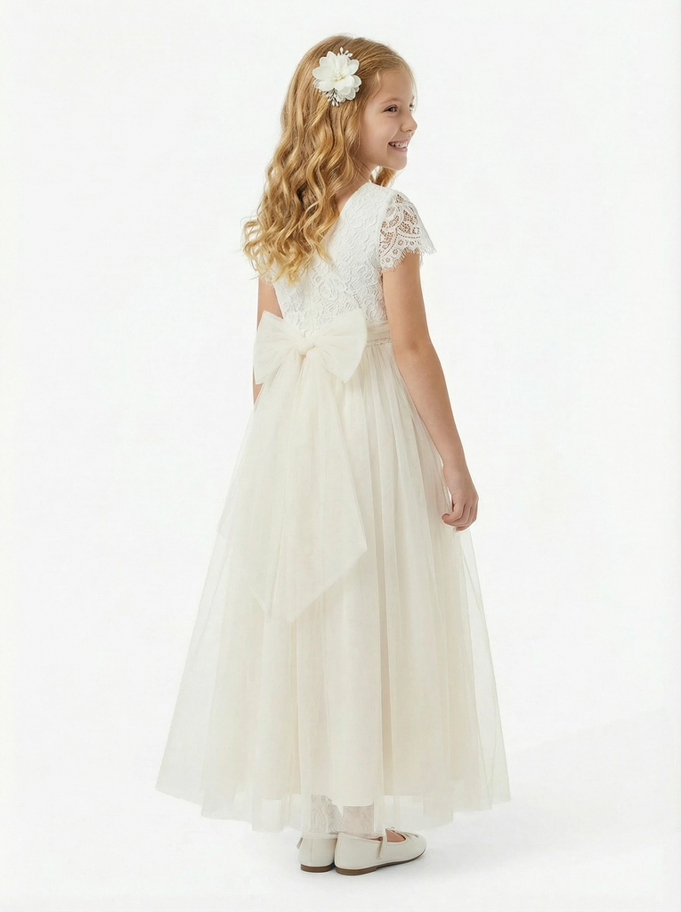 Short Sleeves Lace Applique Bow Princess Dress Flower Girl Dress Birthday Party Dresses
