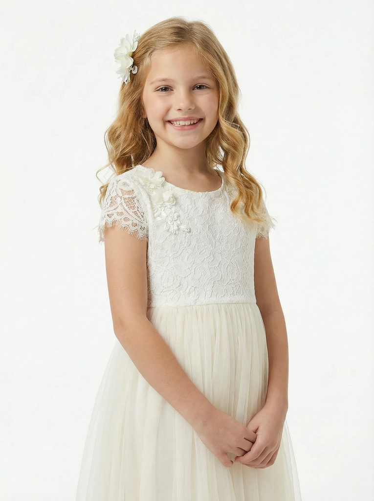 Short Sleeves Lace Applique Bow Princess Dress Flower Girl Dress Birthday Party Dresses