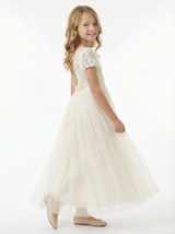 Short Sleeves Lace Backless Princess Dress Flower Girl Dress Birthday Party Dresses