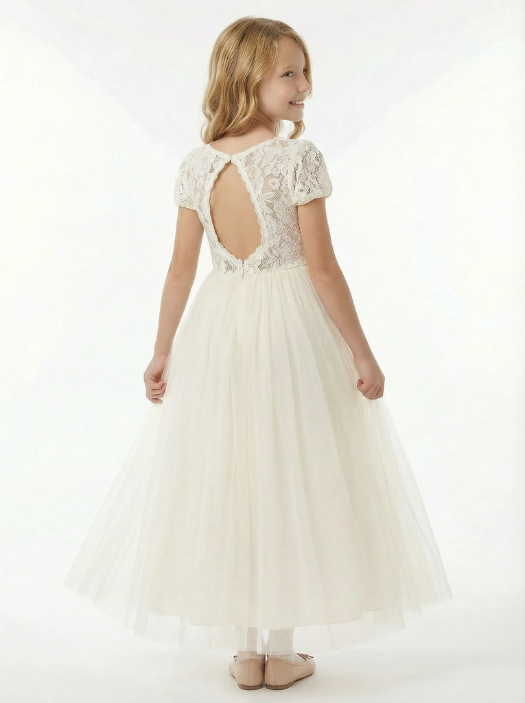 Short Sleeves Lace Backless Princess Dress Flower Girl Dress Birthday Party Dresses