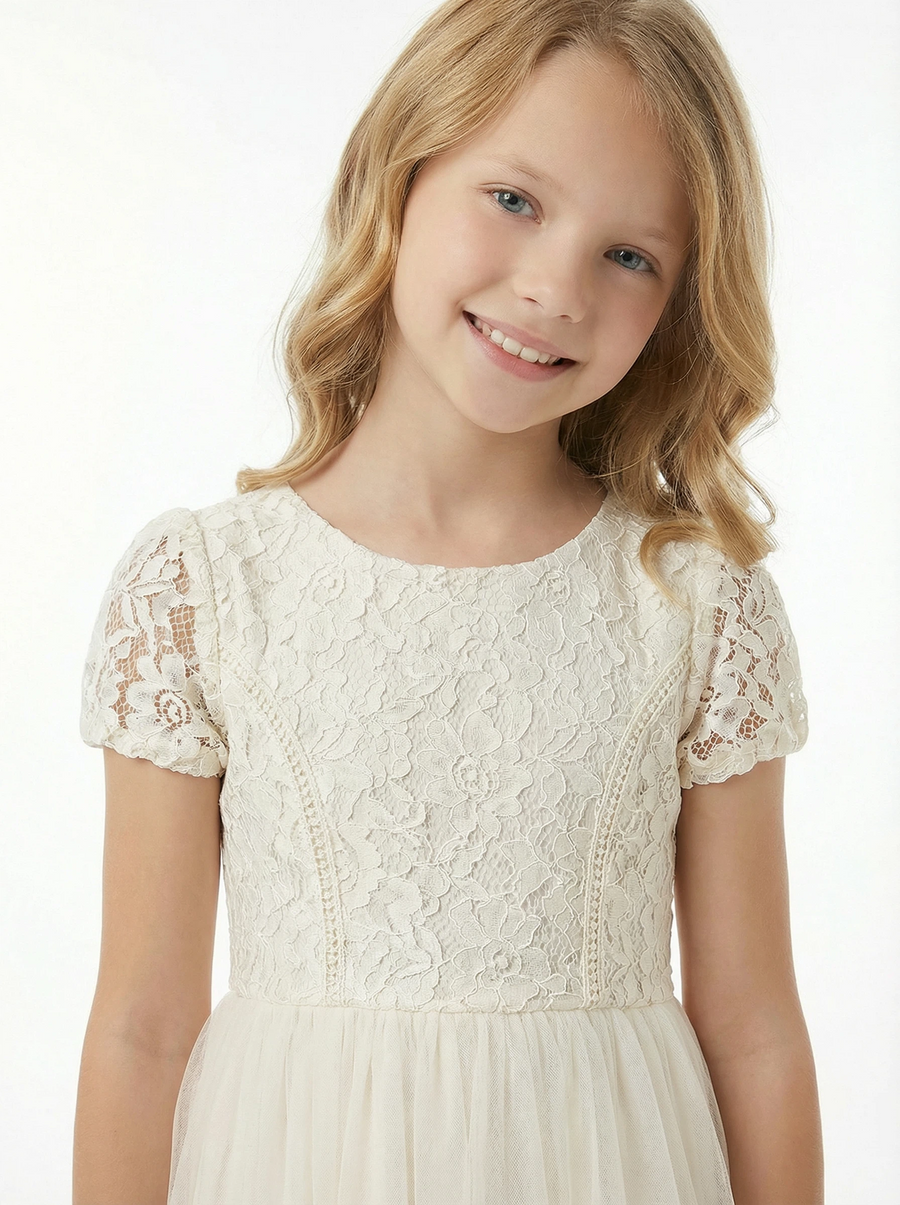 Short Sleeves Lace Backless Princess Dress Flower Girl Dress Birthday Party Dresses