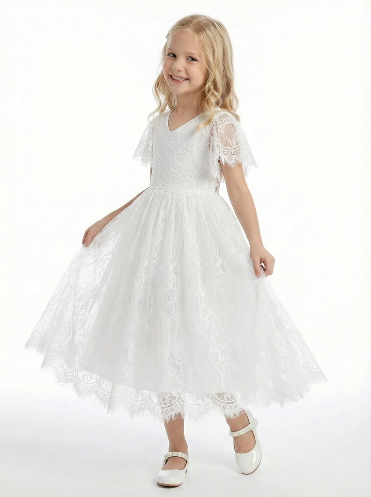 Short Sleeves V-neck Lace Princess Dress Flower Girl Dress Birthday Party Dresses