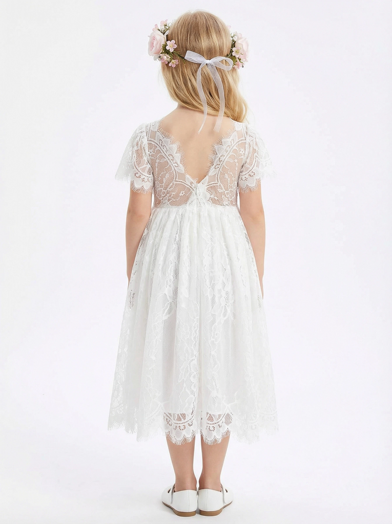 Short Sleeves V-neck Lace Princess Dress Flower Girl Dress Birthday Party Dresses