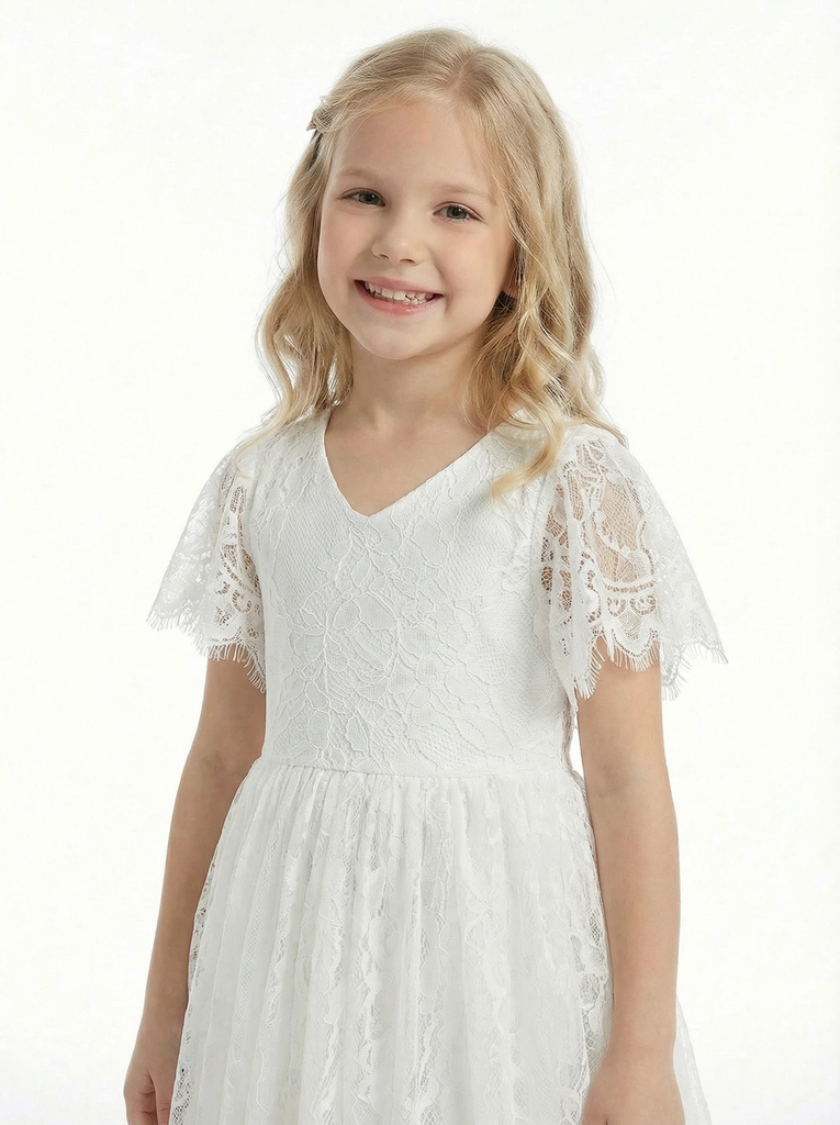 Short Sleeves V-neck Lace Princess Dress Flower Girl Dress Birthday Party Dresses