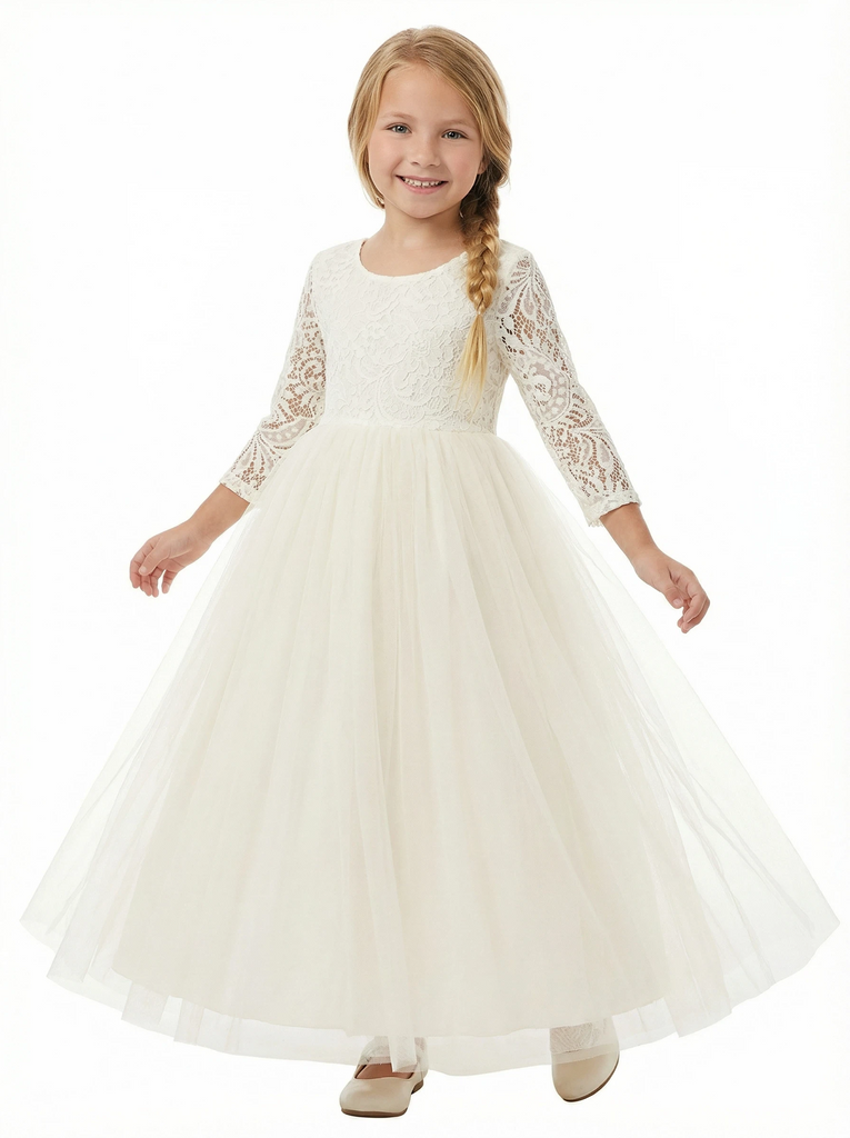 Long Sleeves Jewel Lace Princess Dress Flower Girl Dress Birthday Party Dresses