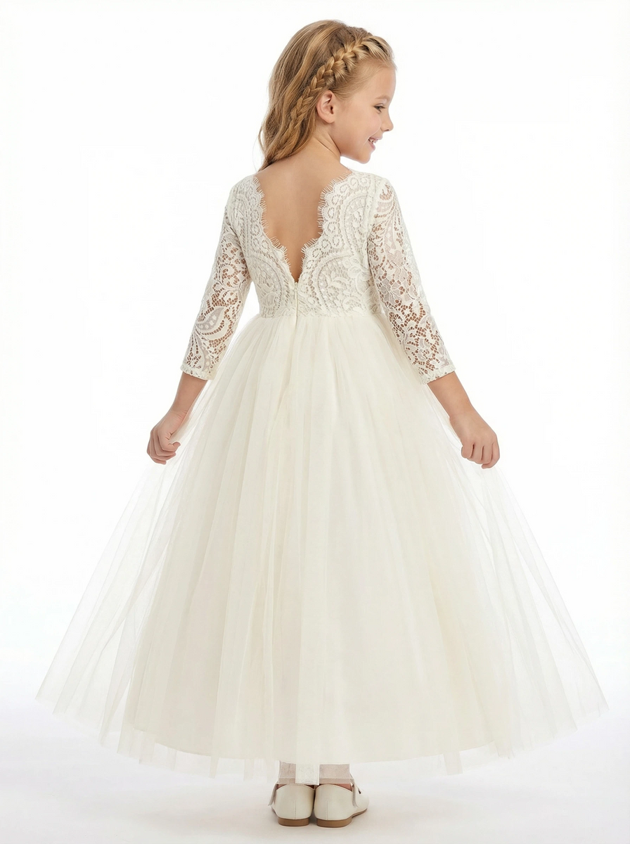 Long Sleeves Jewel Lace Princess Dress Flower Girl Dress Birthday Party Dresses