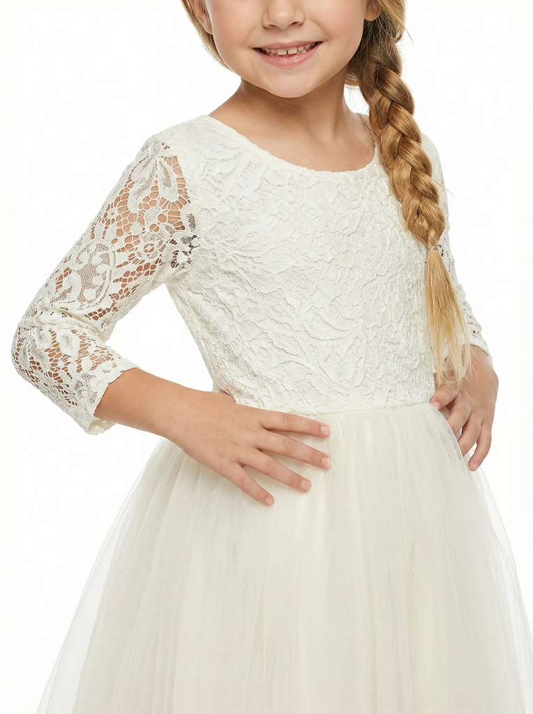 Long Sleeves Jewel Lace Princess Dress Flower Girl Dress Birthday Party Dresses