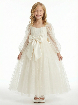 Sweety Bow Detail Tulle Puff-Sleeve Princess Dress Flower Girl Dress Birthday Party Dresses