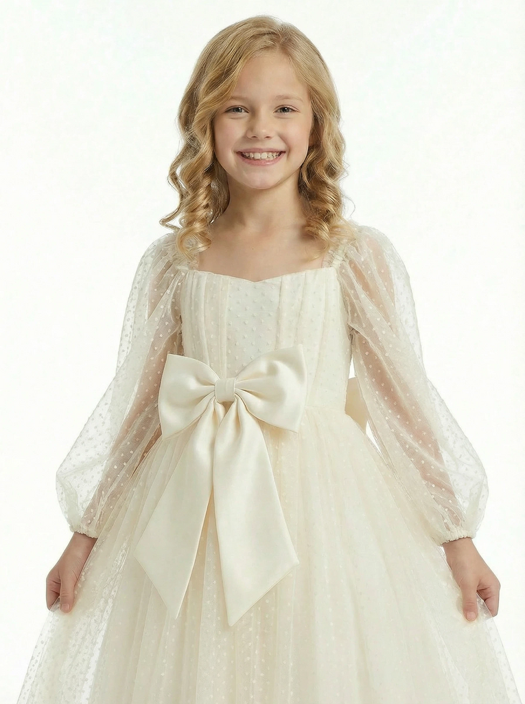 Sweety Bow Detail Tulle Puff-Sleeve Princess Dress Flower Girl Dress Birthday Party Dresses