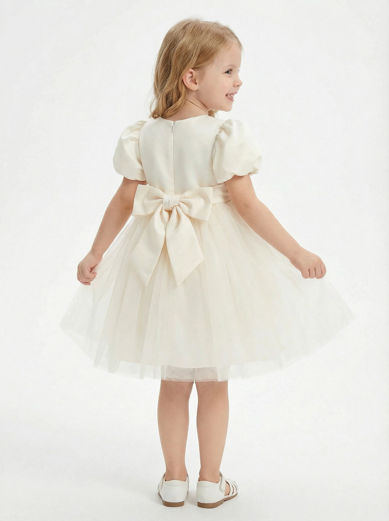 Puff Short Sleeves Jewel Satin Princess Dress Flower Girl Dress Birthday Party Dresses