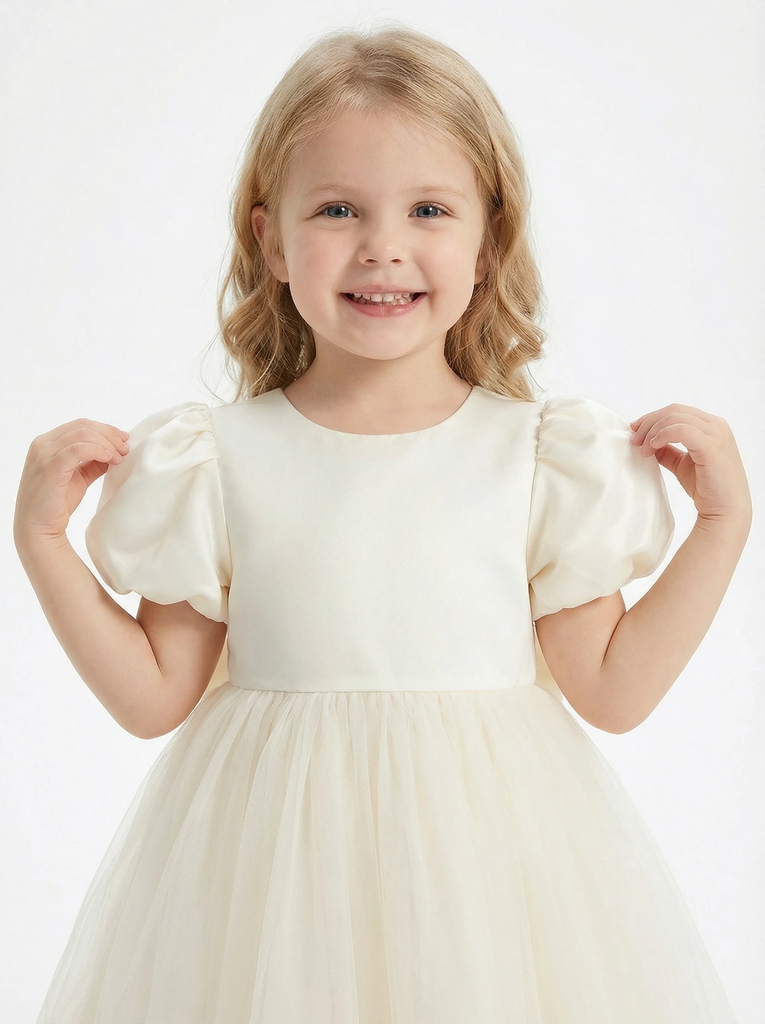 Puff Short Sleeves Jewel Satin Princess Dress Flower Girl Dress Birthday Party Dresses