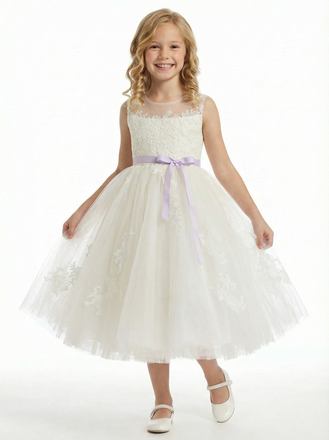 Ribbons Sleeveless Jewel Tulle A-line Princess Dress Flower Girl Dress Birthday Party Dresses