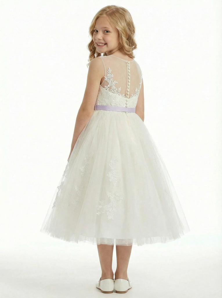 Ribbons Sleeveless Jewel Tulle A-line Princess Dress Flower Girl Dress Birthday Party Dresses
