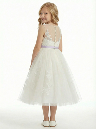 Ribbons Sleeveless Jewel Tulle A-line Princess Dress Flower Girl Dress Birthday Party Dresses