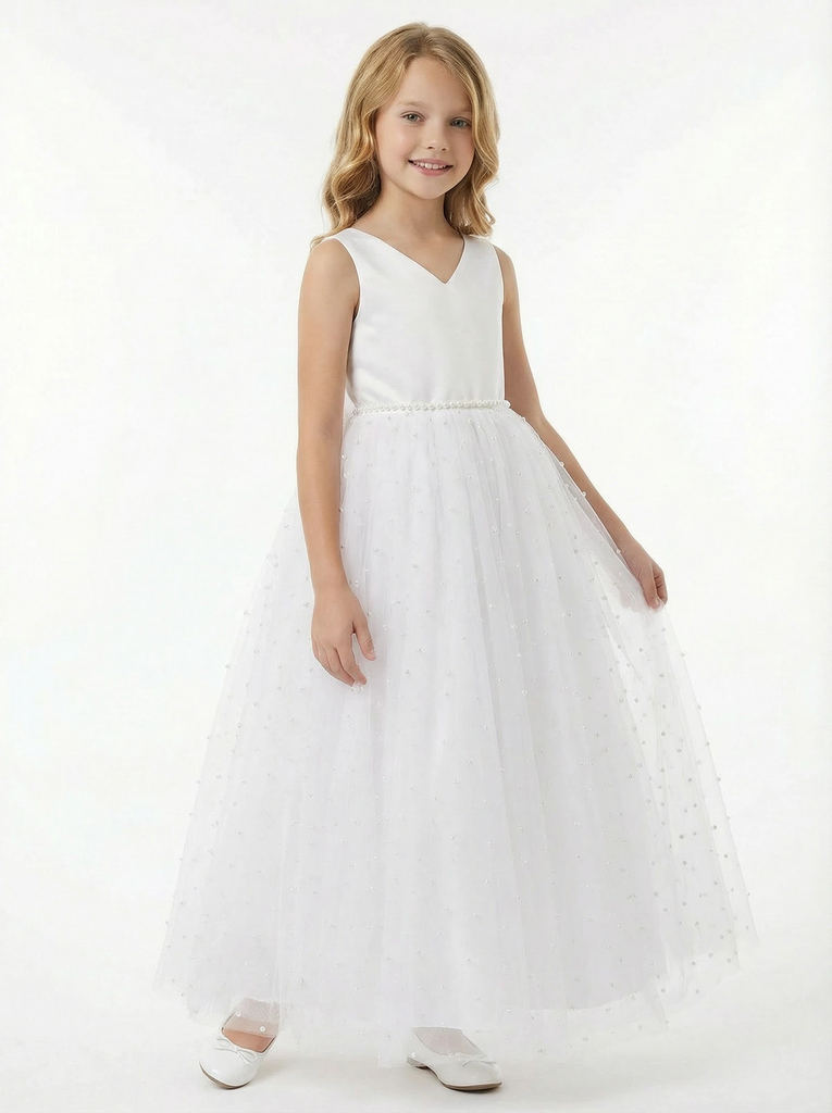 Beads Sleeveless V-neck Tulle A-line Princess Dress Flower Girl Dress Birthday Party Dresses