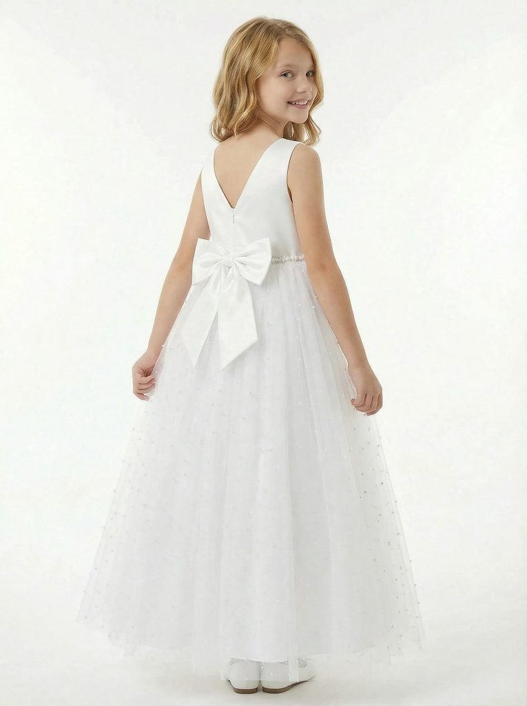 Beads Sleeveless V-neck Tulle A-line Princess Dress Flower Girl Dress Birthday Party Dresses