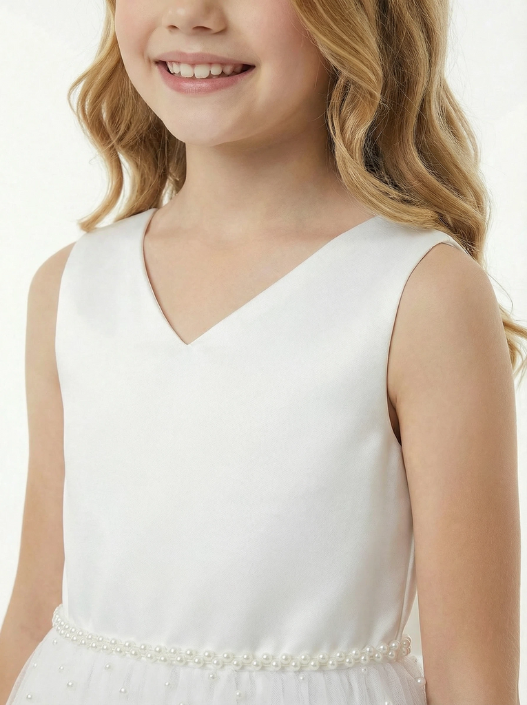 Beads Sleeveless V-neck Tulle A-line Princess Dress Flower Girl Dress Birthday Party Dresses