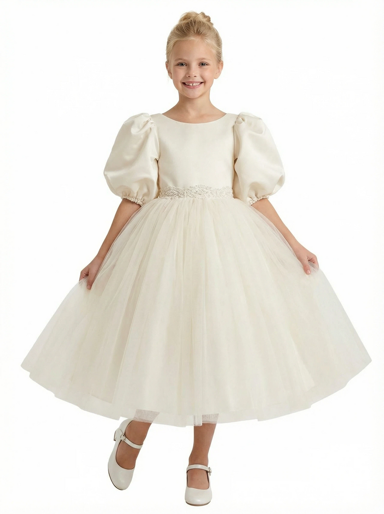 Puff Short Sleeves Beads Satin Bow Knot Flower Girl Dress Birthday Party Dresses-Chicsew, White Puff Short Sleeves Beads Satin Bow Knot Flower Girl Dress Birthday Party Dresses-Chicsew, White