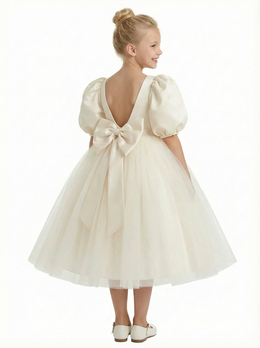 Puff Short Sleeves Beads Satin Bow Knot Flower Girl Dress Birthday Party Dresses