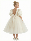Puff Short Sleeves Beads Satin Bow Knot Flower Girl Dress Birthday Party Dresses