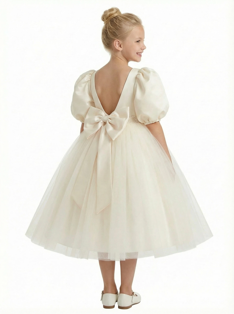 Puff Short Sleeves Beads Satin Bow Knot Flower Girl Dress Birthday Party Dresses