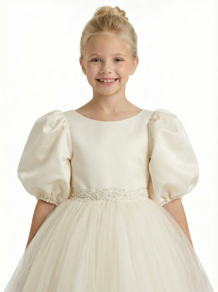 Puff Short Sleeves Beads Satin Bow Knot Flower Girl Dress Birthday Party Dresses