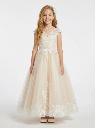 Applique Cap Sleeves V-neck Floor-Length Flower Girl Dress Birthday Party Dresses