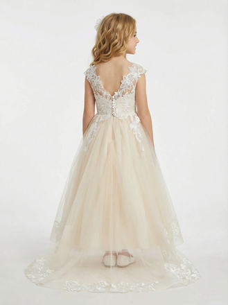 Applique Cap Sleeves V-neck Floor-Length Flower Girl Dress Birthday Party Dresses