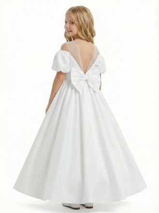 Satin Puff-Sleeve Princess Dres Floor-Length Flower Girl Dress Birthday Party Dresses