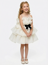 Sleeveless Sheer Neck Ruffled Tulle Flower Girl Dress Cute Puffy Tiered Dress with Bow Detail