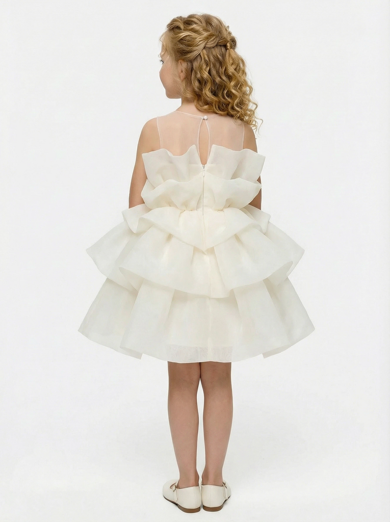 Sleeveless Sheer Neck Ruffled Tulle Flower Girl Dress Cute Puffy Tiered Dress with Bow Detail