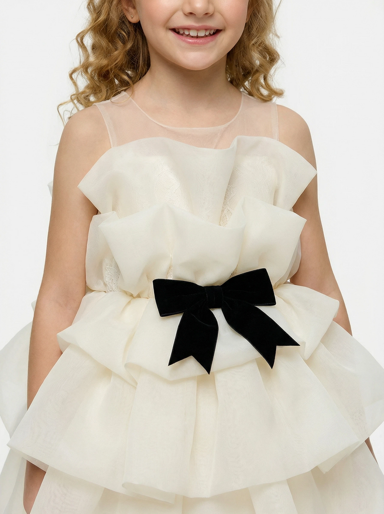 Sleeveless Sheer Neck Ruffled Tulle Flower Girl Dress Cute Puffy Tiered Dress with Bow Detail