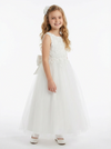 Sleeveless Round Neck Lace Embroidered Tulle Flower Girl Dress Cute A-Line Dress with Bow Back