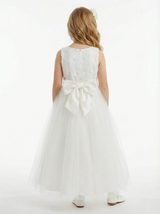 Sleeveless Round Neck Lace Embroidered Tulle Flower Girl Dress Cute A-Line Dress with Bow Back