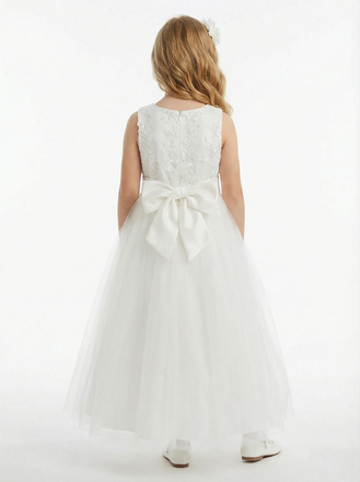 Sleeveless Round Neck Lace Embroidered Tulle Flower Girl Dress Cute A-Line Dress with Bow Back